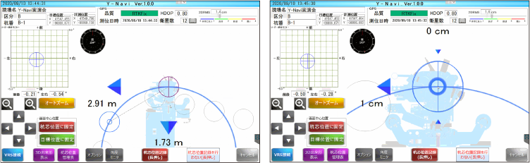 誘導画面では、施工機をグラフィック表示することで、現在位置と目標位置までの関係がイメージしやすくなりスムーズな誘導が行えます。